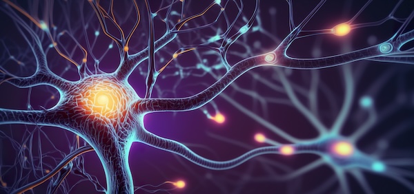 Nerve cells in a network as a 3d illustration - Brain cells and neurons - Synapses Neurology in the brain. Nerve pathways simulation. Generative AI